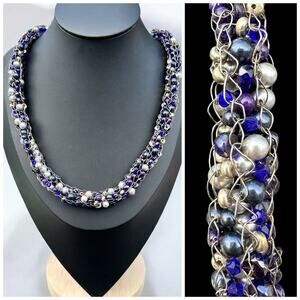 Sterling Silver Caged Wire Cobalt Blue Glass Bead Crochet Beaded 925 Necklace